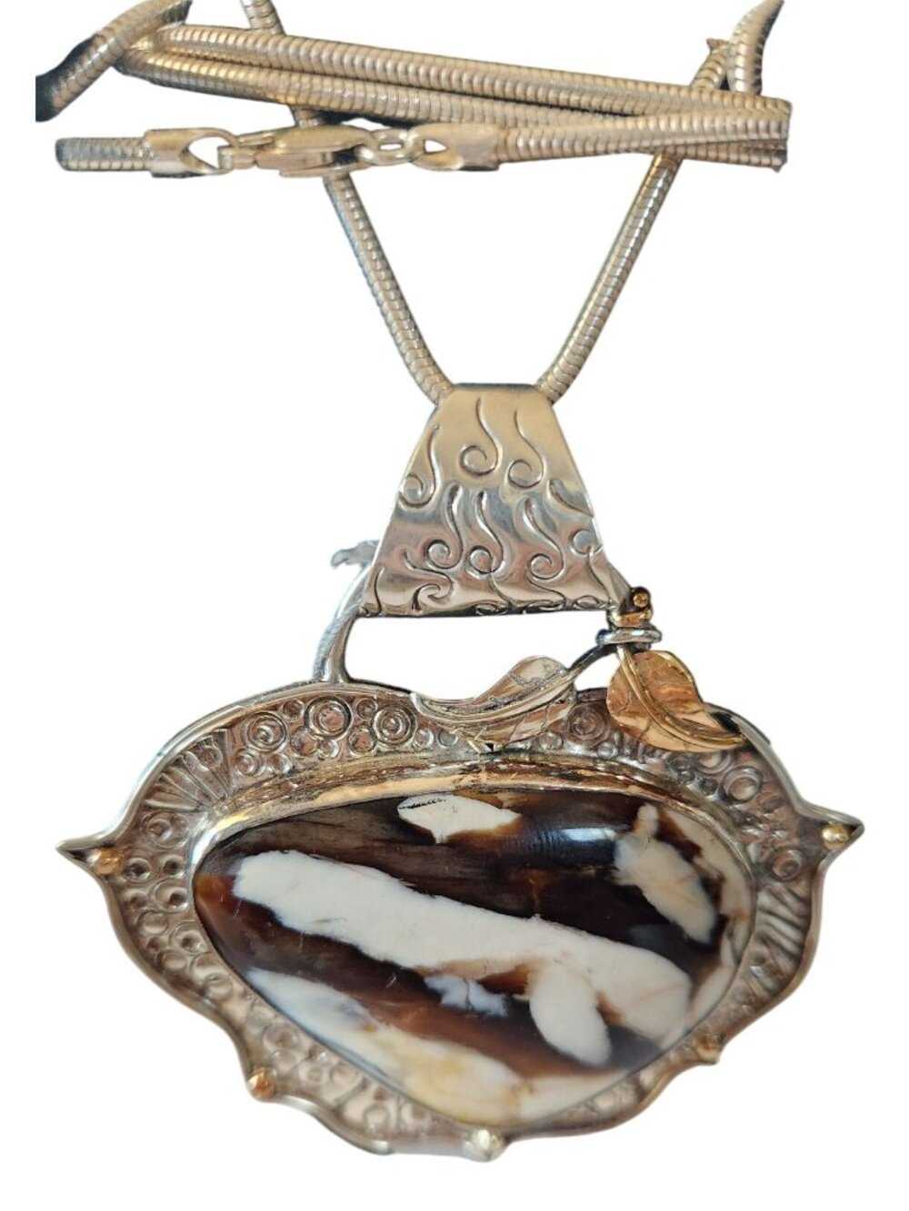 Necklace Peanutwood Silver Frame 1 Gold Leaf 1 Silver 39.6 gr Silver Snake Chain